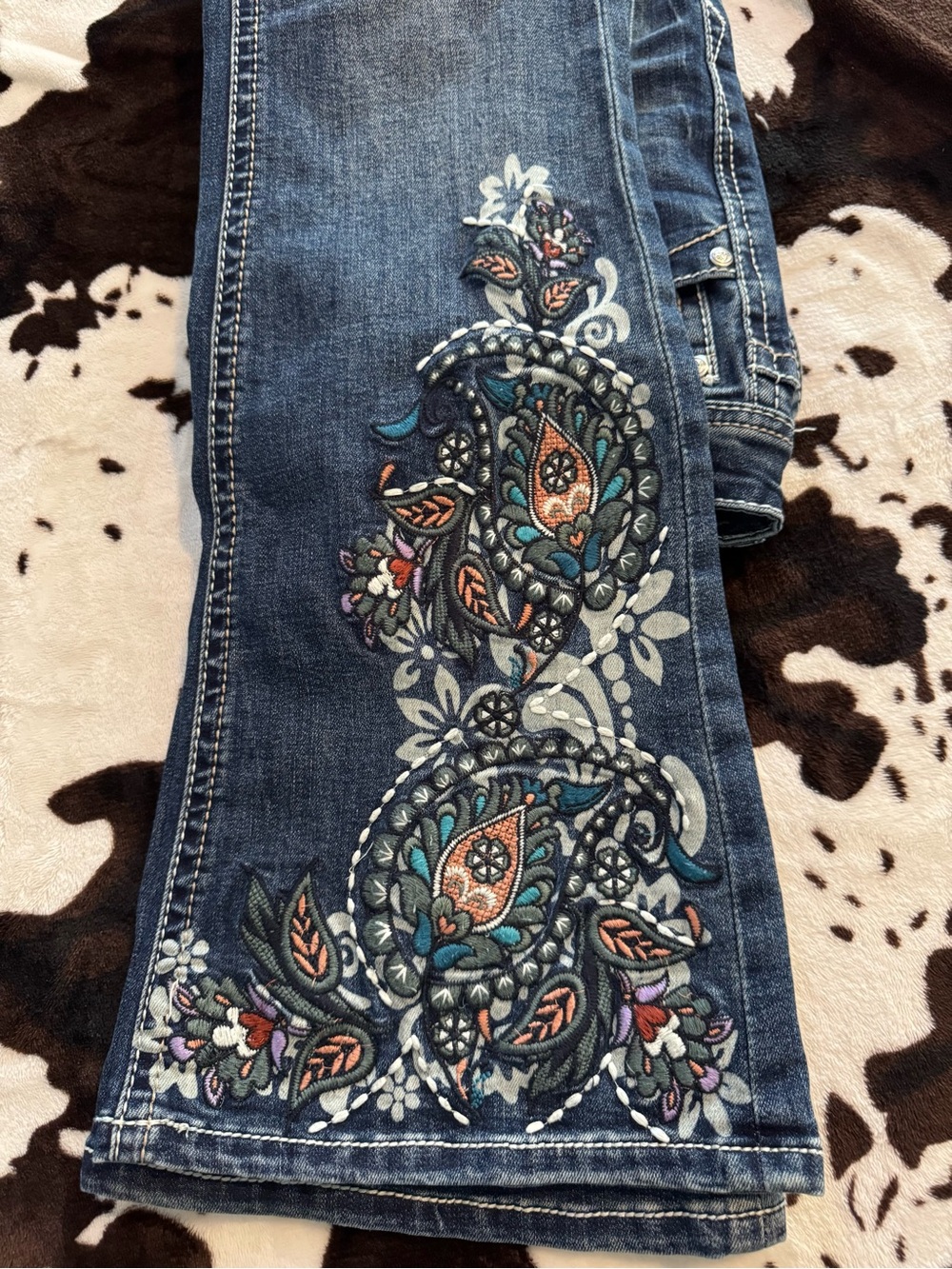 Grace Blue Denim Flare Jeans with Multicolor Paisley Embroidery